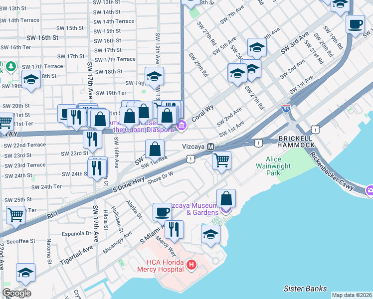 map of restaurants, bars, coffee shops, grocery stores, and more near 3377 Southwest 1st Avenue in Miami