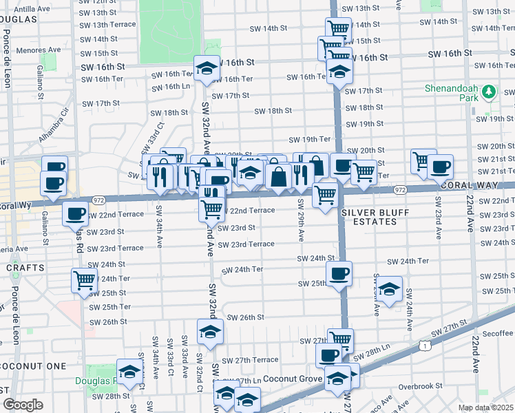 map of restaurants, bars, coffee shops, grocery stores, and more near 3116 Southwest 22nd Terrace in Miami