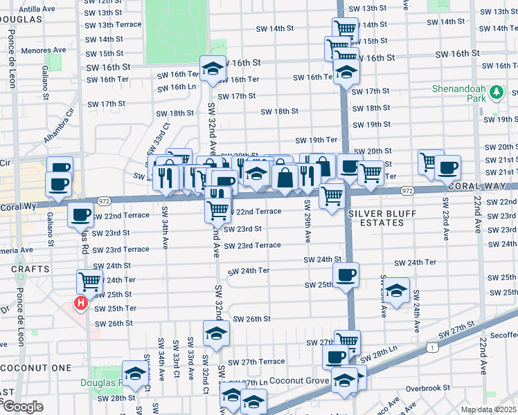 map of restaurants, bars, coffee shops, grocery stores, and more near 3116 Southwest 22nd Terrace in Miami
