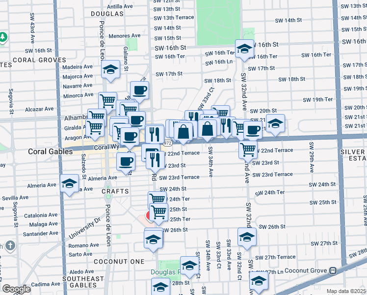map of restaurants, bars, coffee shops, grocery stores, and more near 3563 Southwest 22nd Terrace in Miami