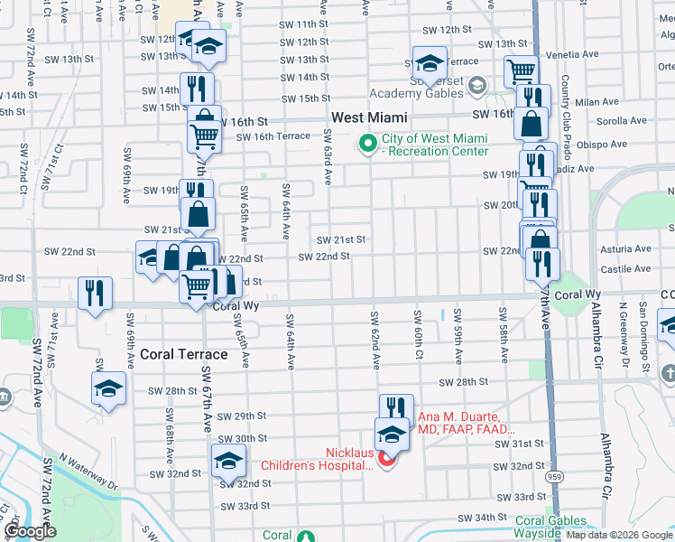 map of restaurants, bars, coffee shops, grocery stores, and more near 2306 Southwest 62nd Court in Miami