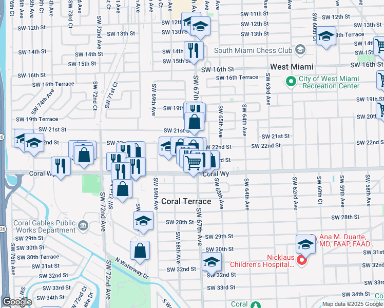 map of restaurants, bars, coffee shops, grocery stores, and more near 2322 Southwest 67th Avenue in Miami