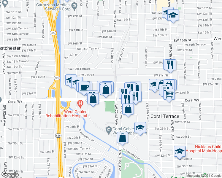 map of restaurants, bars, coffee shops, grocery stores, and more near 7260 Southwest 23rd Street in Miami
