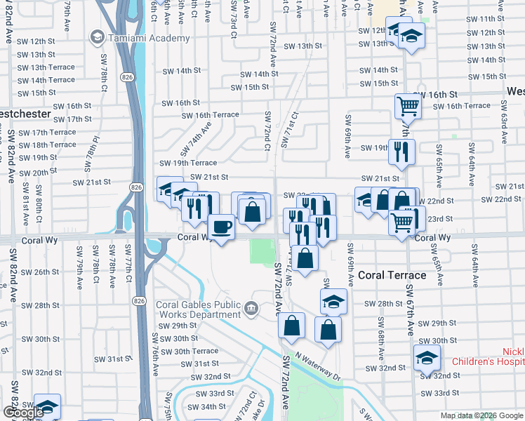 map of restaurants, bars, coffee shops, grocery stores, and more near 7260 Southwest 23rd Street in Miami