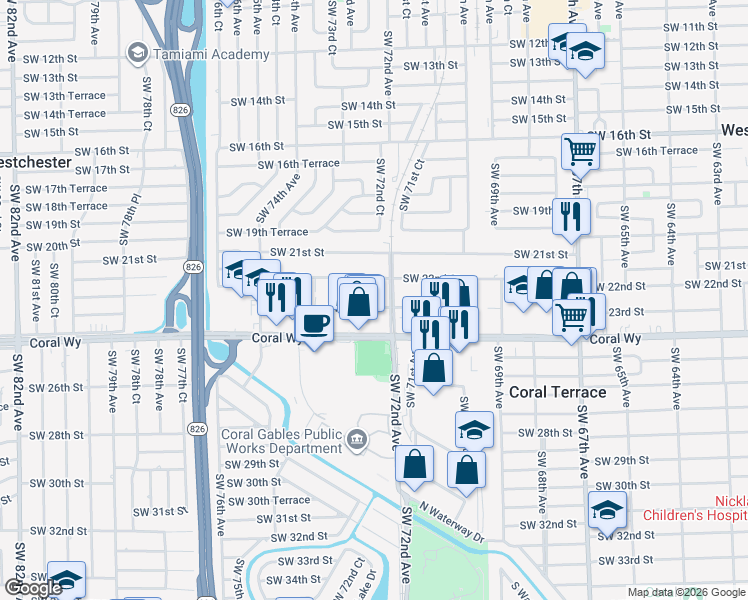 map of restaurants, bars, coffee shops, grocery stores, and more near 7260 Southwest 23rd Street in Miami