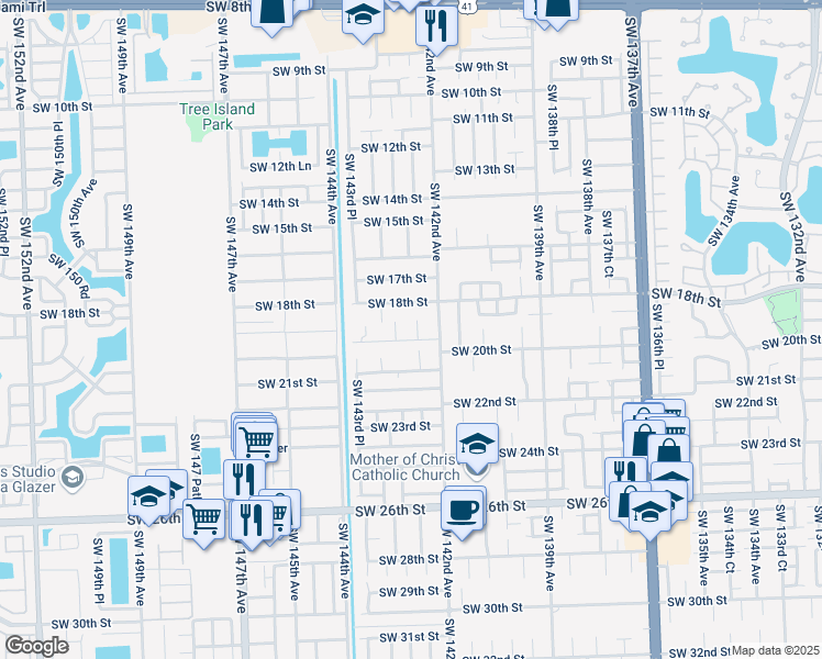 map of restaurants, bars, coffee shops, grocery stores, and more near 1990 Southwest 142nd Court in Miami