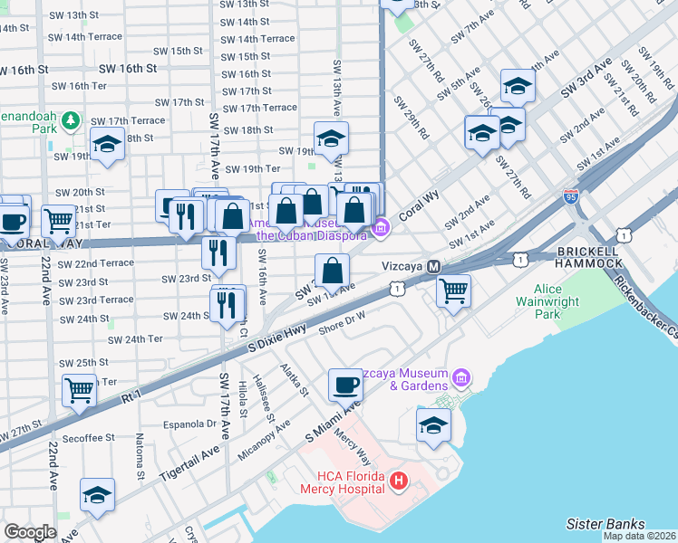 map of restaurants, bars, coffee shops, grocery stores, and more near 3553 Southwest 3rd Avenue in Miami