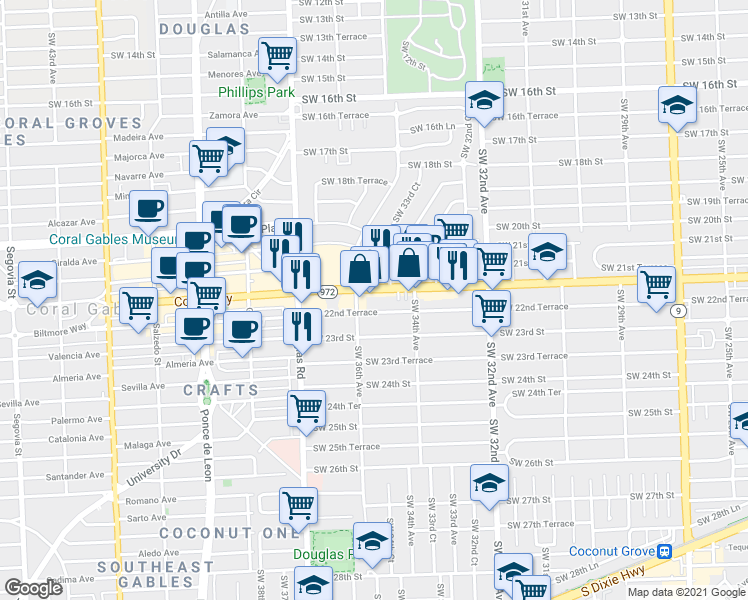 map of restaurants, bars, coffee shops, grocery stores, and more near 3563 Southwest 22nd Terrace in Miami
