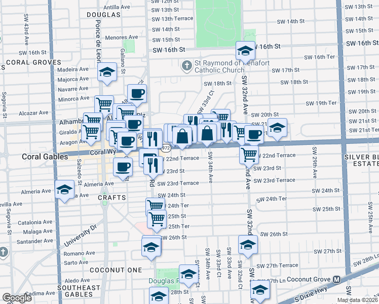 map of restaurants, bars, coffee shops, grocery stores, and more near 3563 Southwest 22nd Terrace in Miami