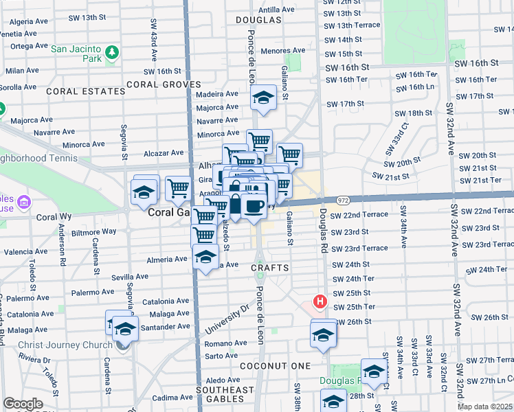 map of restaurants, bars, coffee shops, grocery stores, and more near Miracle Mile in Miami