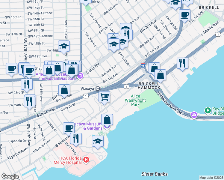 map of restaurants, bars, coffee shops, grocery stores, and more near 25 Southwest 31st Road in Miami