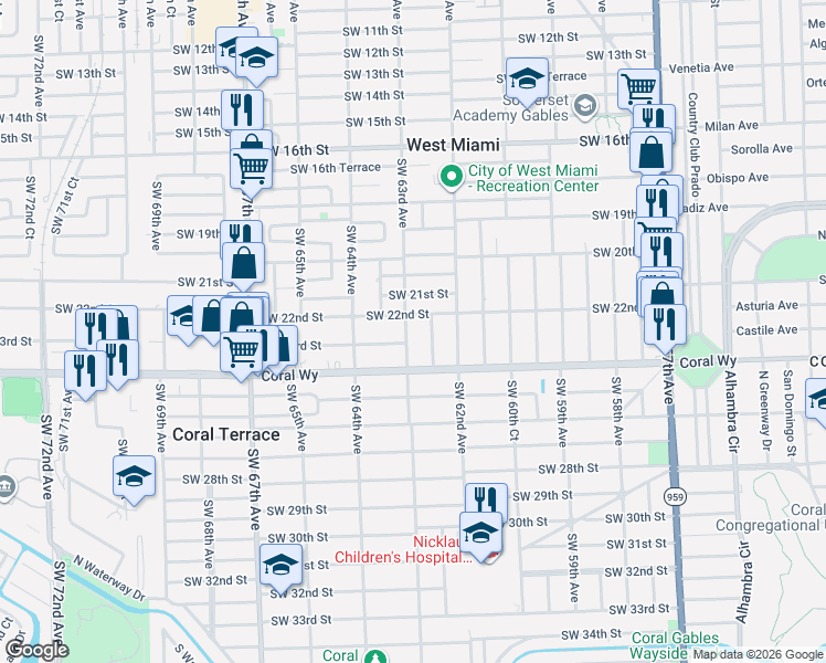 map of restaurants, bars, coffee shops, grocery stores, and more near 2306 Southwest 62nd Court in Miami