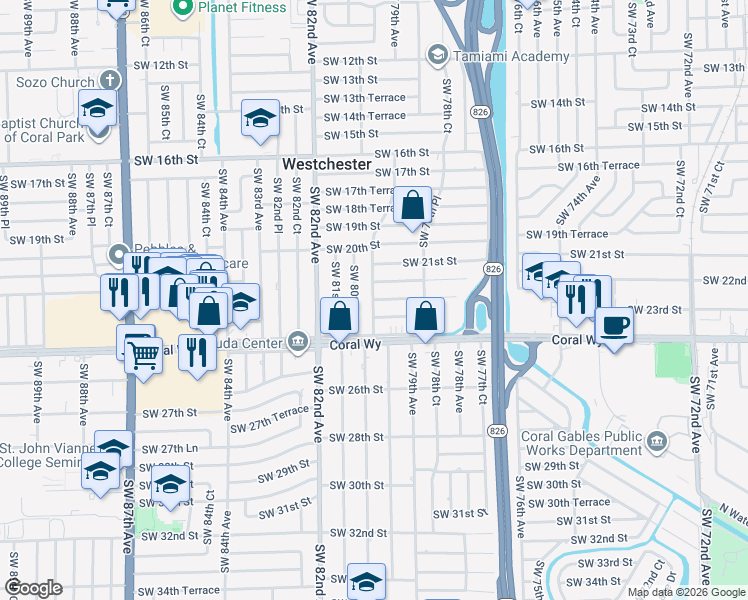 map of restaurants, bars, coffee shops, grocery stores, and more near 9142 Southwest 22nd Street in Miami