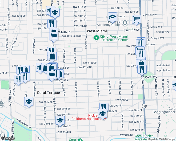 map of restaurants, bars, coffee shops, grocery stores, and more near 6326 Southwest 23rd Street in Miami