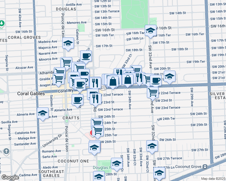 map of restaurants, bars, coffee shops, grocery stores, and more near 3590 Coral Way in Miami