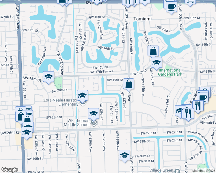 map of restaurants, bars, coffee shops, grocery stores, and more near 12830 Southwest 20th Terrace in Miami