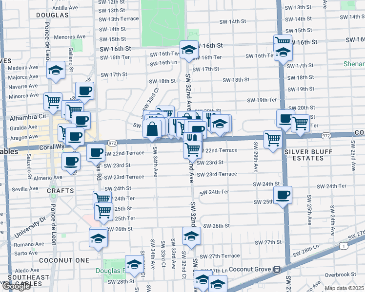 map of restaurants, bars, coffee shops, grocery stores, and more near 3232 Southwest 22nd Street in Miami