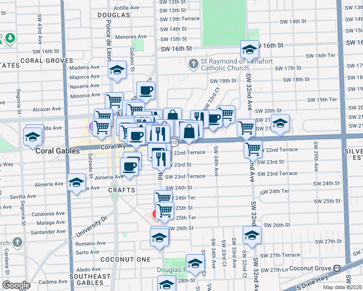 map of restaurants, bars, coffee shops, grocery stores, and more near 3654 Southwest 22nd Terrace in Miami