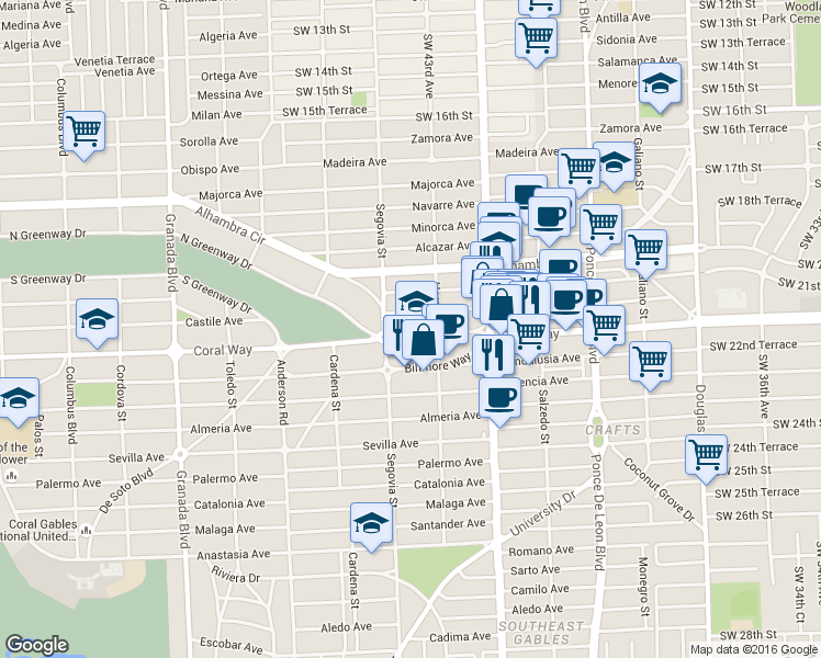 map of restaurants, bars, coffee shops, grocery stores, and more near 659 Coral Way in Coral Gables