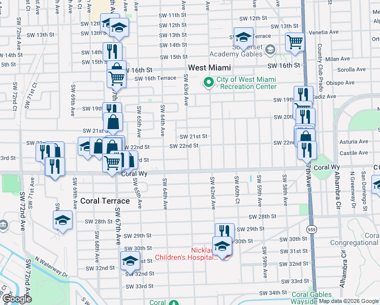 map of restaurants, bars, coffee shops, grocery stores, and more near 6326 Southwest 23rd Street in Miami