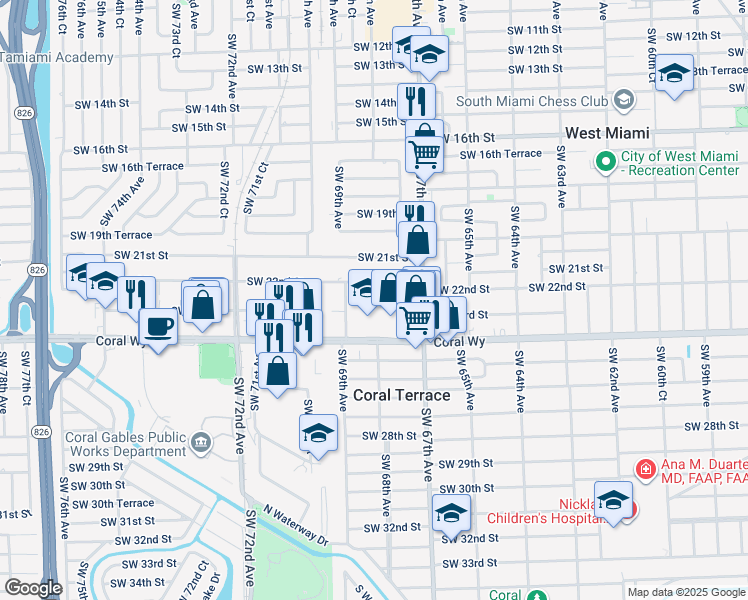 map of restaurants, bars, coffee shops, grocery stores, and more near 6801 Southwest 24th Street in Miami