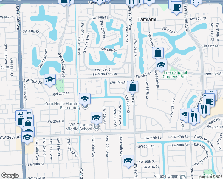 map of restaurants, bars, coffee shops, grocery stores, and more near 12830 Southwest 20th Terrace in Miami