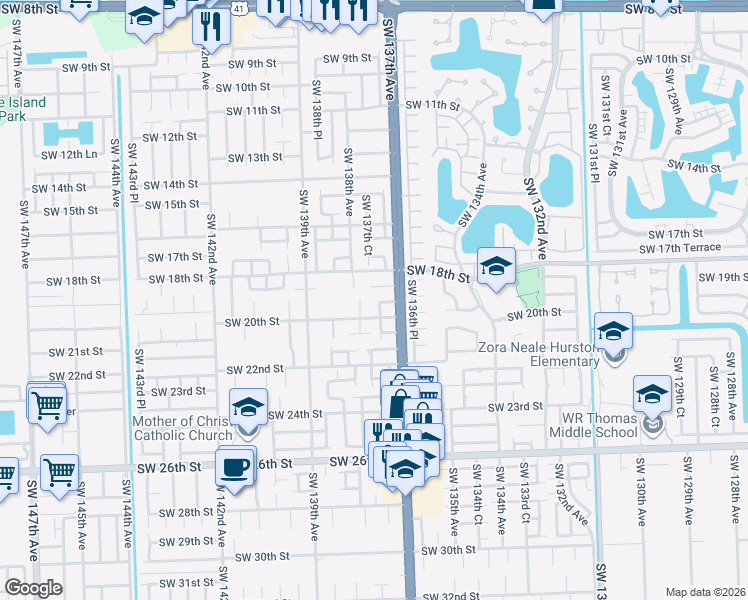 map of restaurants, bars, coffee shops, grocery stores, and more near 13791 Southwest 20th Street in Miami