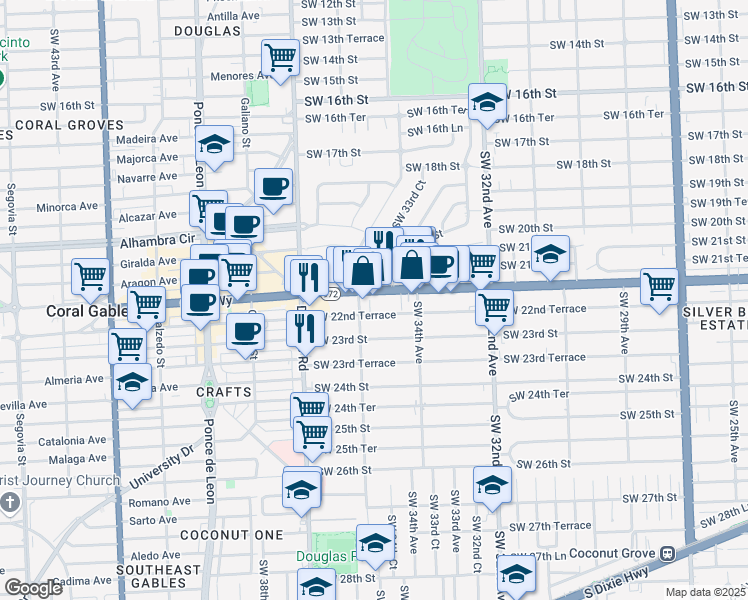 map of restaurants, bars, coffee shops, grocery stores, and more near 3563 Southwest 22nd Terrace in Miami