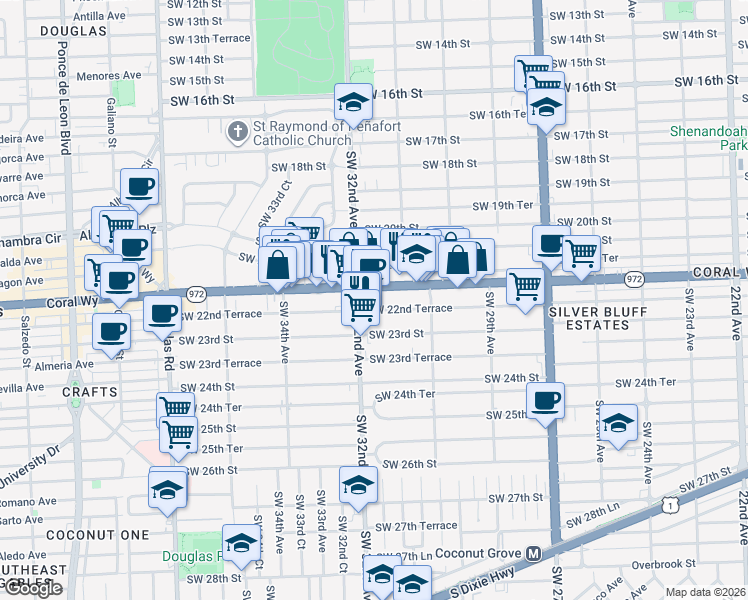 map of restaurants, bars, coffee shops, grocery stores, and more near 3178 Southwest 22nd Terrace in Miami