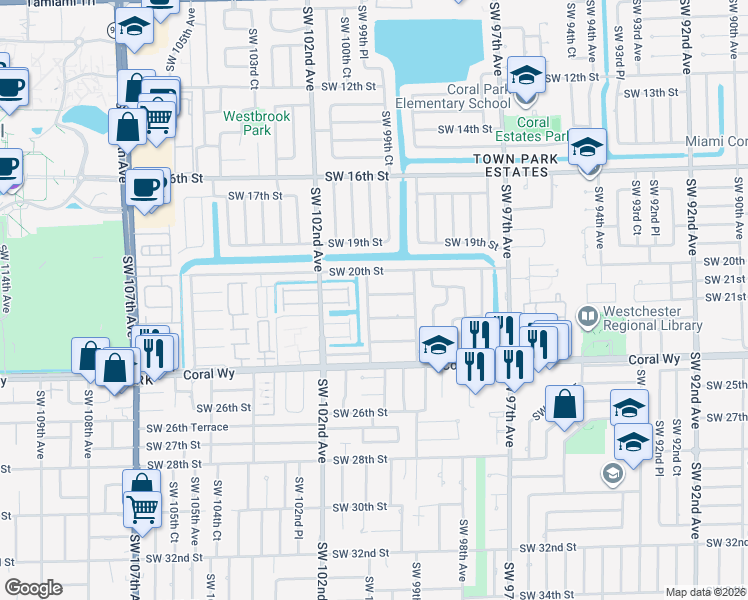 map of restaurants, bars, coffee shops, grocery stores, and more near 2130 Southwest 100th Avenue in Miami