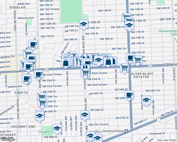 map of restaurants, bars, coffee shops, grocery stores, and more near 3178 Southwest 22nd Terrace in Miami
