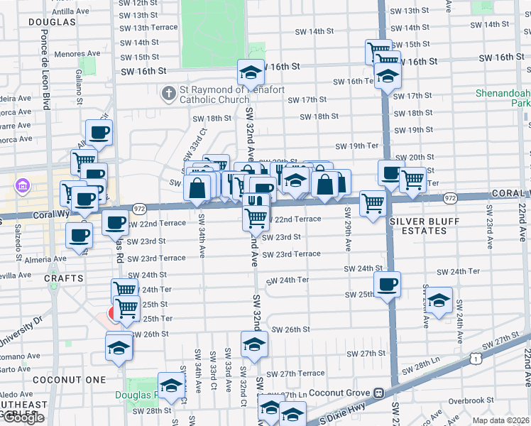 map of restaurants, bars, coffee shops, grocery stores, and more near 3180 Southwest 22nd Terrace in Miami