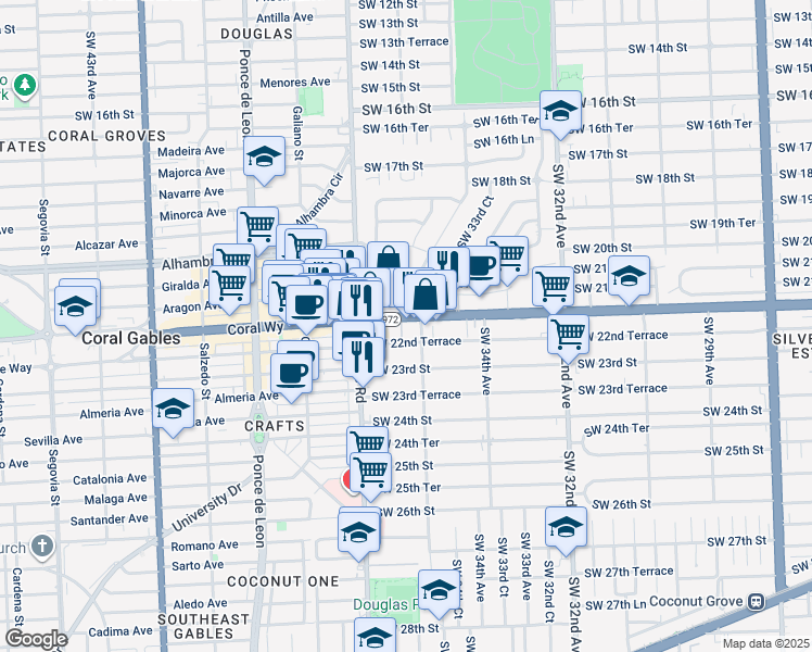 map of restaurants, bars, coffee shops, grocery stores, and more near 3622 Southwest 22nd Terrace in Miami