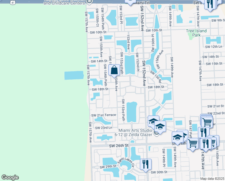 map of restaurants, bars, coffee shops, grocery stores, and more near 15430 Southwest 18th Street in Miami