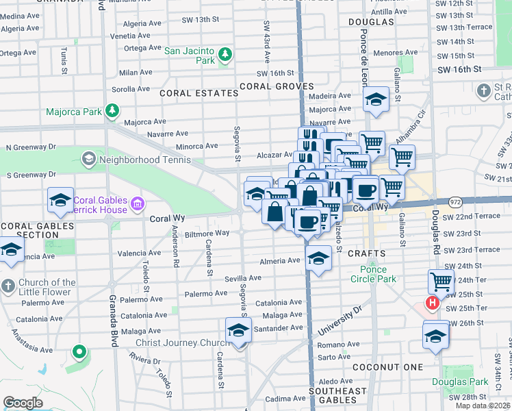 map of restaurants, bars, coffee shops, grocery stores, and more near 525 Coral Way in Coral Gables