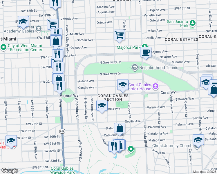 map of restaurants, bars, coffee shops, grocery stores, and more near 1217 Coral Way in Coral Gables