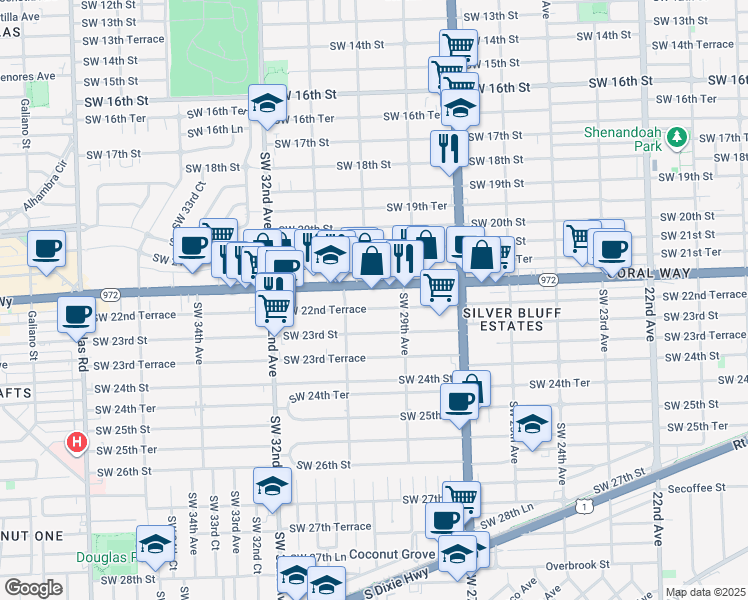 map of restaurants, bars, coffee shops, grocery stores, and more near 3014 Southwest 22nd Terrace in Miami