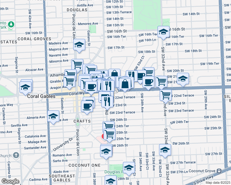 map of restaurants, bars, coffee shops, grocery stores, and more near 3640 Southwest 22nd Street in Miami