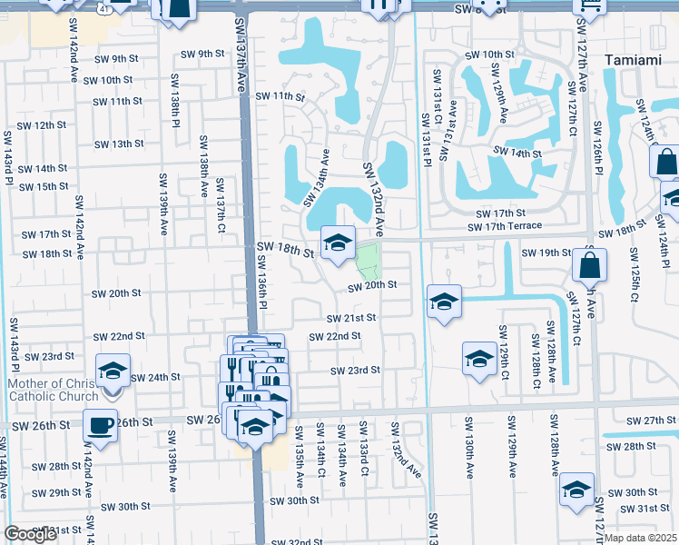 map of restaurants, bars, coffee shops, grocery stores, and more near 1901 Southwest 134th Avenue in Miami