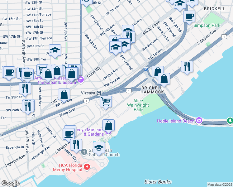 map of restaurants, bars, coffee shops, grocery stores, and more near 25 Southwest 31st Road in Miami