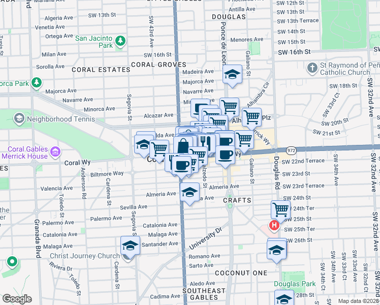 map of restaurants, bars, coffee shops, grocery stores, and more near 366 Miracle Mile in Miami