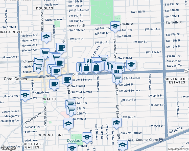 map of restaurants, bars, coffee shops, grocery stores, and more near 3416 Southwest 22nd Terrace in Miami