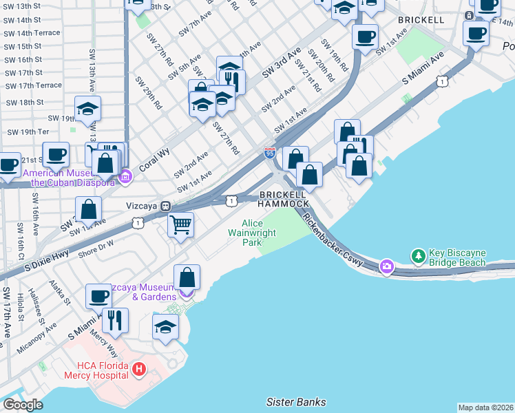 map of restaurants, bars, coffee shops, grocery stores, and more near 2838 Southeast 32nd Road in Miami