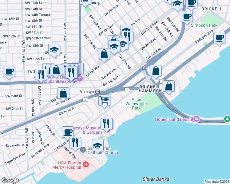 map of restaurants, bars, coffee shops, grocery stores, and more near 25 Southwest 31st Road in Miami