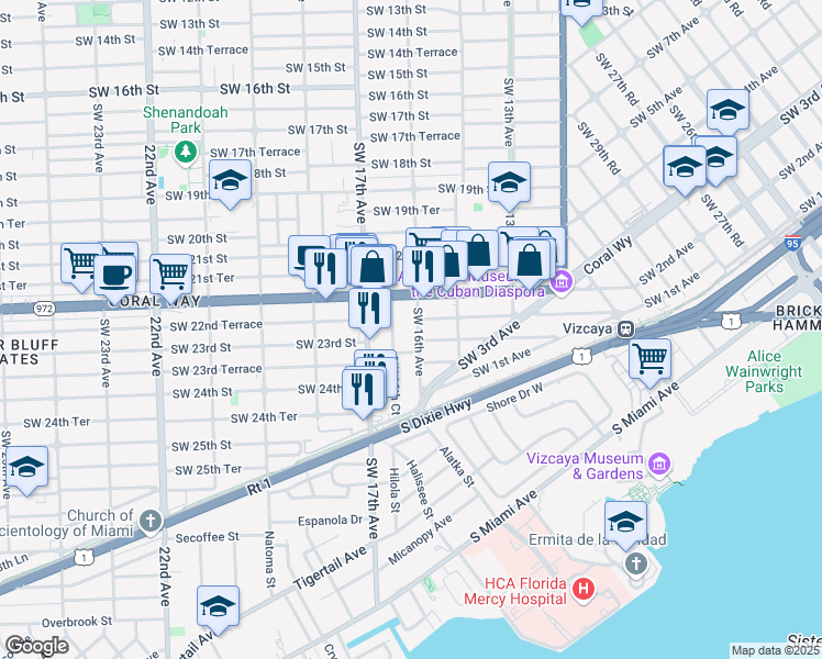 map of restaurants, bars, coffee shops, grocery stores, and more near 2288 Southwest 16th Avenue in Miami