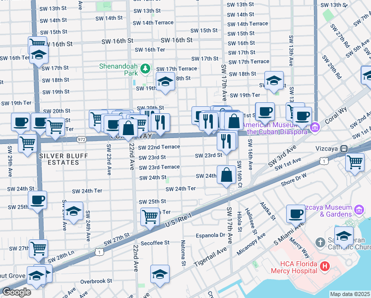 map of restaurants, bars, coffee shops, grocery stores, and more near 1900 Southwest 23rd Street in Miami