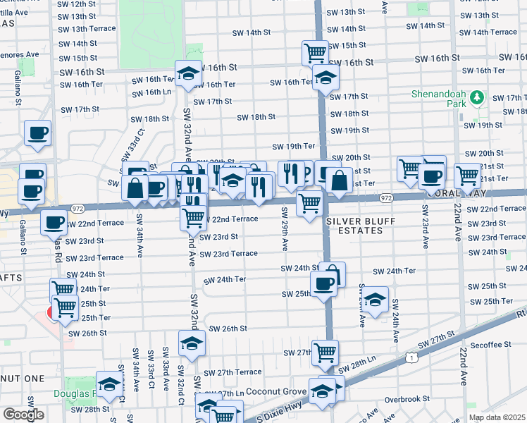 map of restaurants, bars, coffee shops, grocery stores, and more near 3014 Southwest 22nd Terrace in Miami