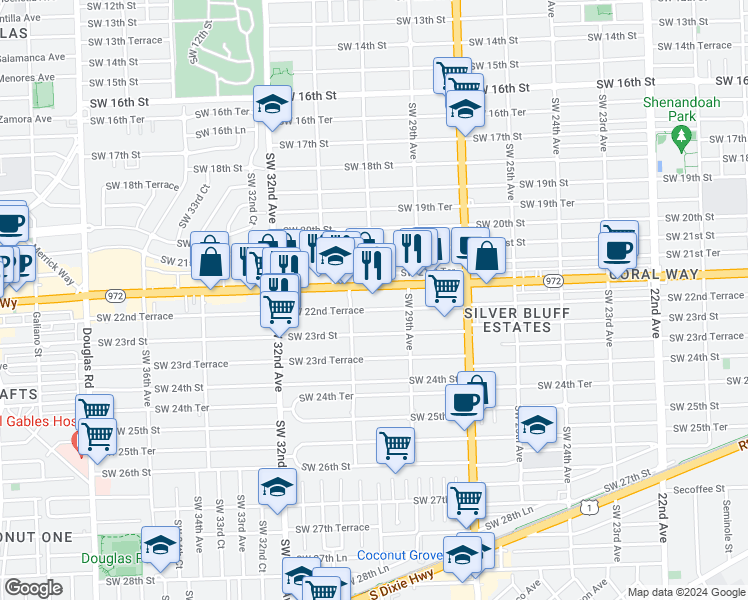 map of restaurants, bars, coffee shops, grocery stores, and more near 3014 Southwest 22nd Terrace in Miami