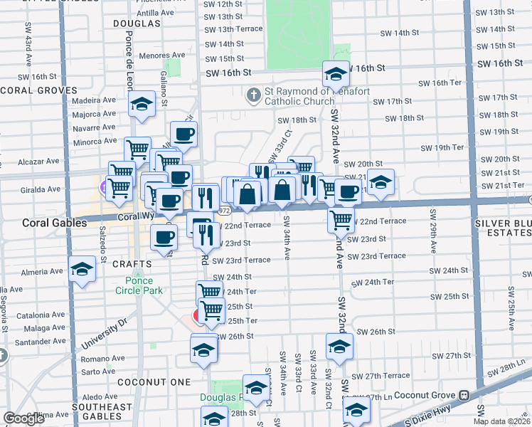 map of restaurants, bars, coffee shops, grocery stores, and more near 3563 Southwest 22nd Terrace in Miami