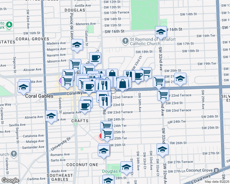 map of restaurants, bars, coffee shops, grocery stores, and more near 3654 Southwest 22nd Terrace in Miami